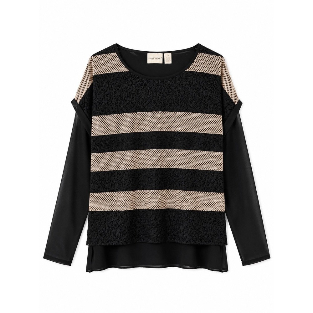 Chicos Womens Blouse Top Black Tan Stripe Lace Mesh Long Sleeve Size 0